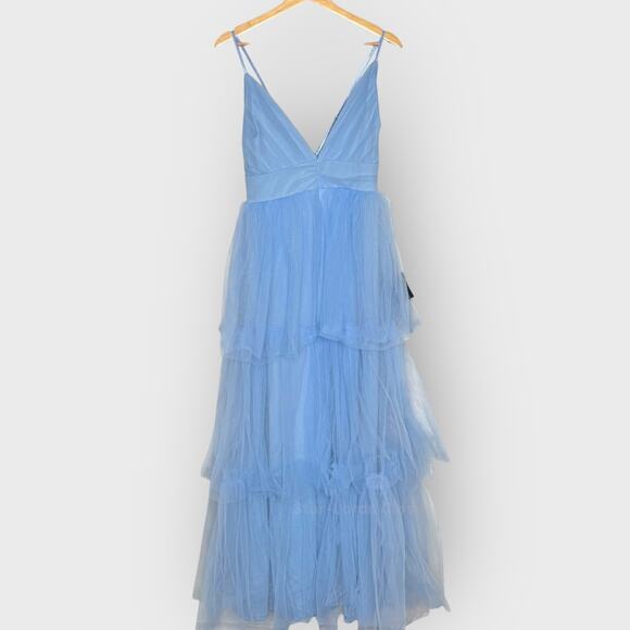 Lulus Charming Glamour Tulle Tiered Maxi Dress Large Light Blue Prom Formal Gown - Picture 1 of 12